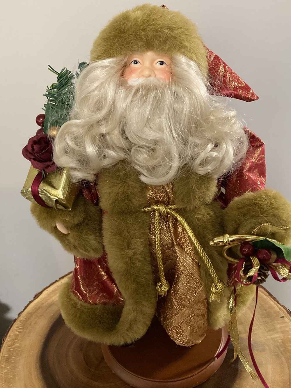 Vintage Olive Green and Red Holiday Santa Figurine
